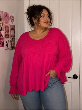 BNWT Chico’s Hot Pink Cotton Modal Blend Ruffle Long sleeve Blouse Sz 4 / XXL